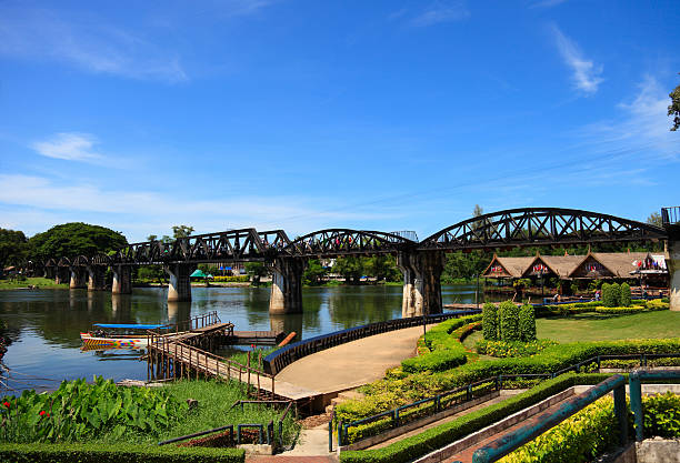 A very old bridge over the River Kwai in Thailand stock photo