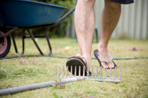 A man about to step on a badly placed rake.