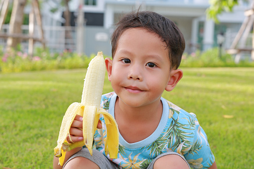 Asian baby boy age about 4 years old eating banana in the garden.