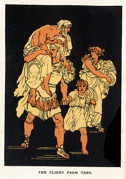 aeneas uciekającym palenie troy - mythology virgil troy greek mythology stock illustrations