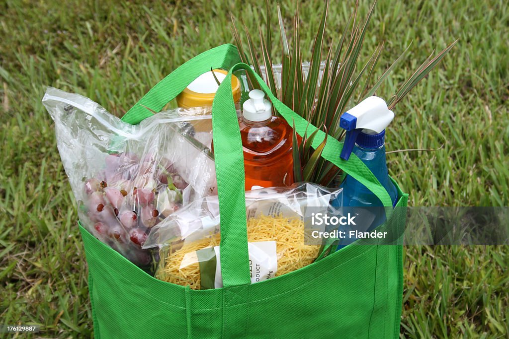 Green Bag Full Of Gorceries Reusable Grocery Bag Plastic Bag Stock Photo