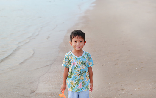 Portrait of smiling Asian little boy on the sand beach.