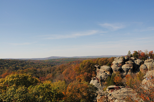 View of Camel Rock in Garden of the Gods Wilderness in Shawnee National Forest in Southern Illinois with tourists.  RAW source image processed with Nikon Capture NX version 1.3