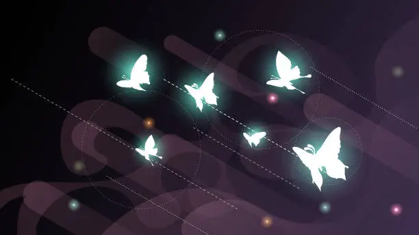 Vector illustration of Abstract Dark Background With Butterflies Insects Glow Light Shine Flashes Vector Design Style