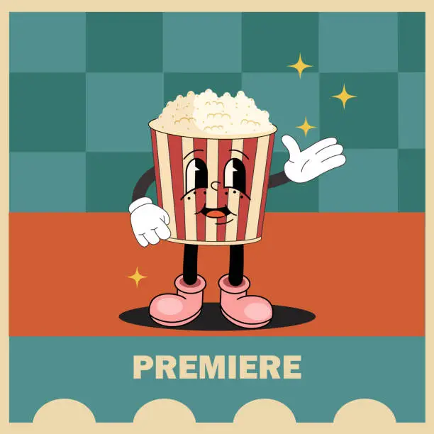Vector illustration of Vintage movie posters with cute character popcorn. Movie and film design template