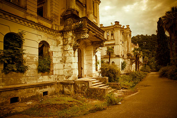 ghost mansão abandonada - forest colonnade tree old fashioned - fotografias e filmes do acervo