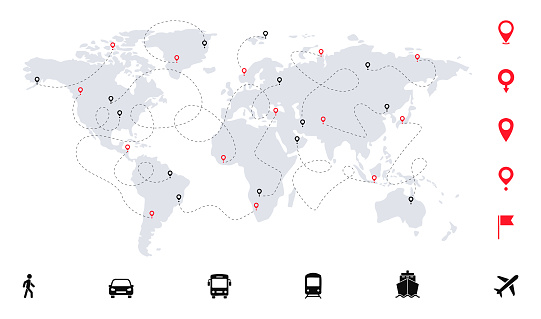 World travel map with routes, transport and pins. Transport dotted routes with pointers. Auto, bus, train, ship, plane and on foot. Vector illustration.