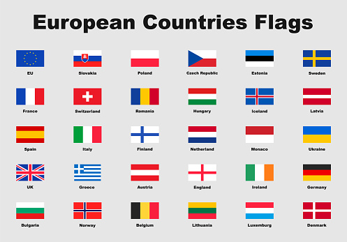 European Union flags collection. Flags Europe with names. European countries flag icons. EU. Vector illustration.