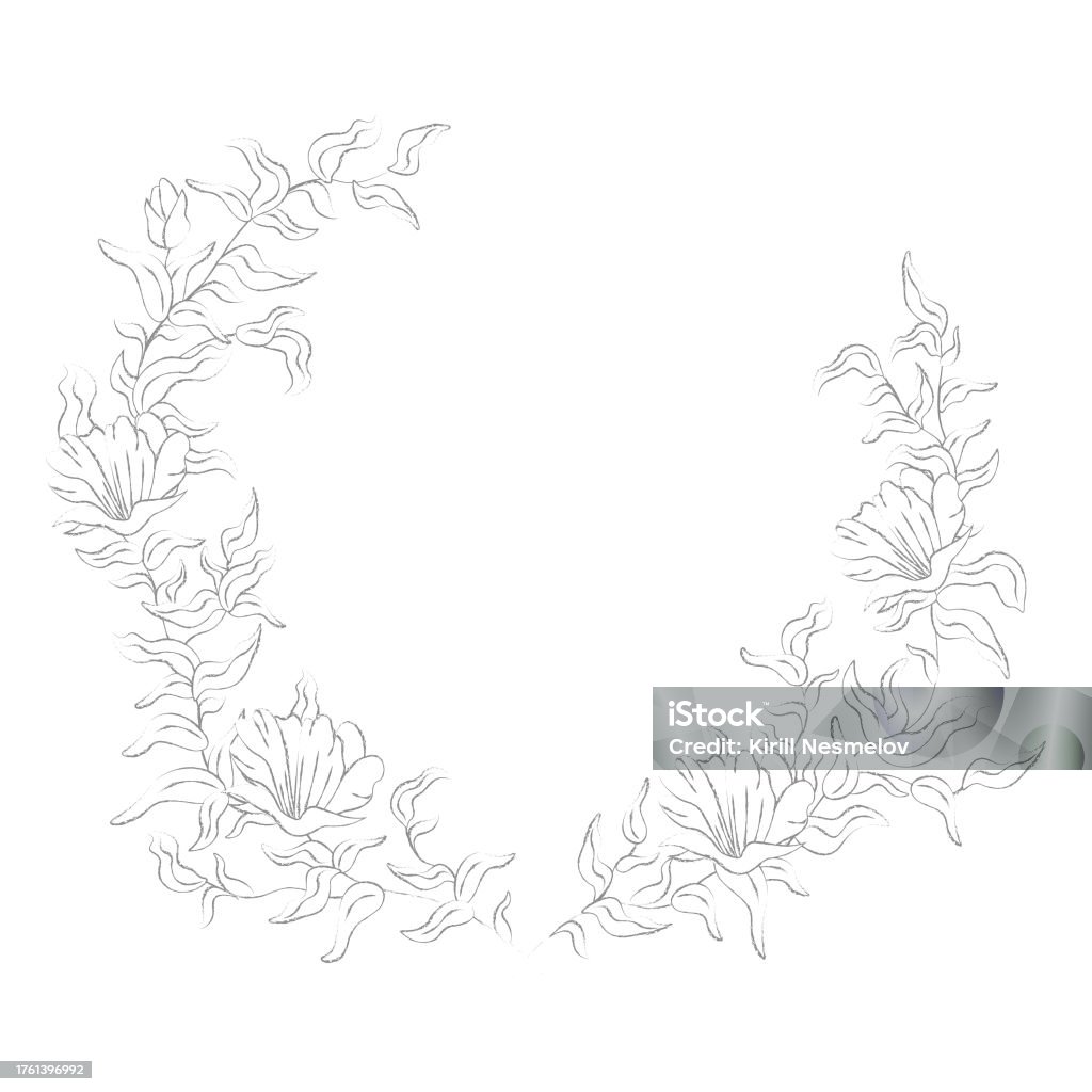 Minimalistic Decorative Composition 반원 의 잎 와 꽃 선 손 그리기 벡터 스케치에 대한 스톡 벡터 ...