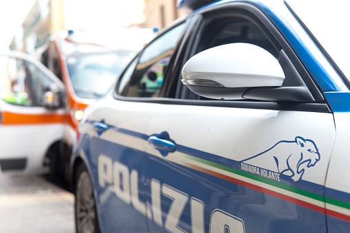 Padua, Italy - October 13, 2023. Police patrol car and Ambulance in Padua during security and rescue activity.