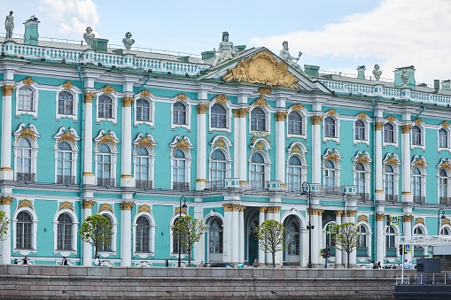 St. Petersburg, Russia - May 27, 2021: Facade of the Winter Palace or the Hermitage. Architecture of the 17th century.