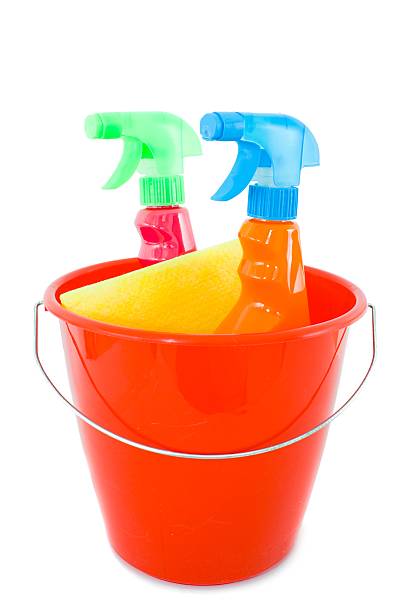 istock Red bucket with cleaning accessories , isolated on white 176141205