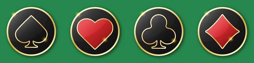 Hearts, diamonds, clubs and spades chips signs icons. Glossy playing card suit symbol with gold border. Vector illustration chips. Green background