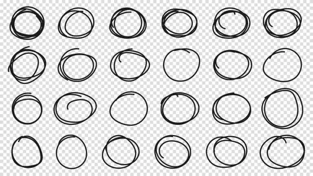 Vector illustration of Hand drawn circle or oval line sketch set. Hand drawing circular scribble doodle round circles. Vector illustration for message note mark design element on a transparent background.