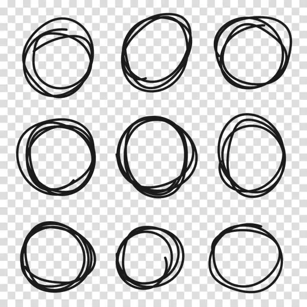 Vector illustration of Hand drawn circle or oval line sketch set. Hand drawing circular scribble doodle round circles. Vector illustration for message note mark design element on a transparent background.