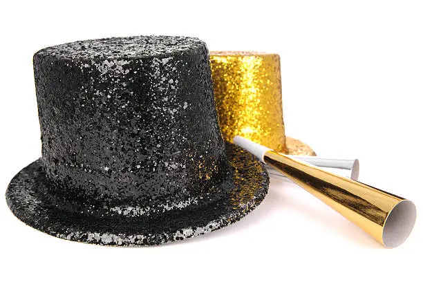 Black and gold glitter top hats and horns on white.PLEASE CLICK ON THE IMAGE BELOW TO SEE MY Happy New Year LIGHTBOX: