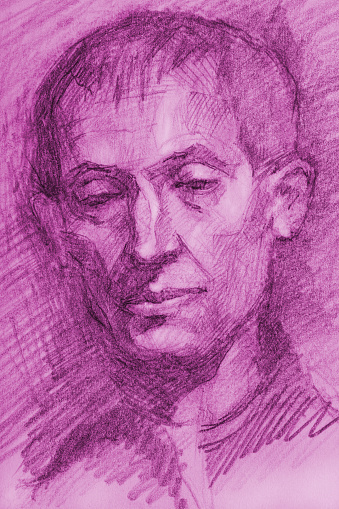 Fashionable illustration art pencil drawing in purple vertical portrait impressionism face of a man against a purple pencil shaded