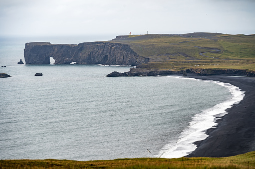The coastline and black beach near Vik in Iceland with rock formations