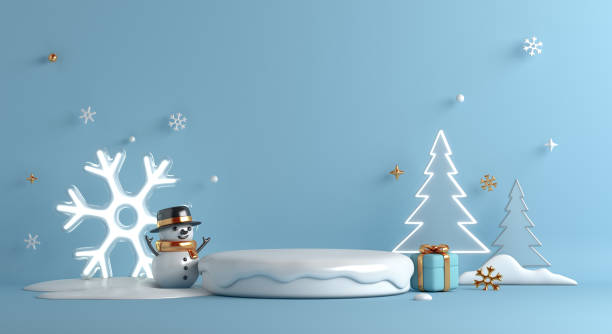 istock Winter display podium background with neon snowflake, snowman, spruce trees, gift box cartoon style, 3d rendering illustration 1761440567