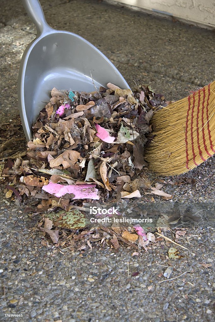 Straw Broom Sweeping Trash and Leaves into Dust Pan Vertical image of straw broom sweeping trash and leaves into dust pan 2000-2009 Stock Photo