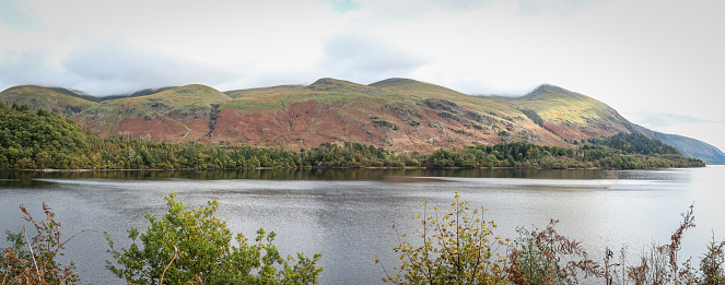 Panorama of lake and mountains in autumn