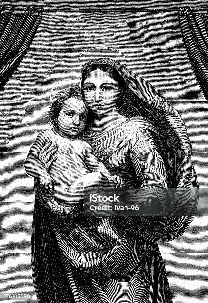 Madonna Sistina - Immagini vettoriali stock e altre immagini di Vergine Maria - Vergine Maria, Madre, Incisione - Tecnica illustrativa