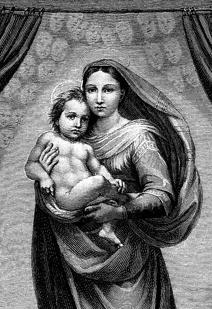 Sistine Madonna "engraving of part of Sistine Madonna.Original painting by the Italian High Renaissance artist Raphael, circa 1512aa1514.Old 19th century engraving" sistine madonna stock illustrations