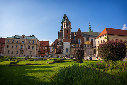 Krakow, Poland - 8 10 2023: picture of the Royal Castle of Wawel during the sunset in Krakow