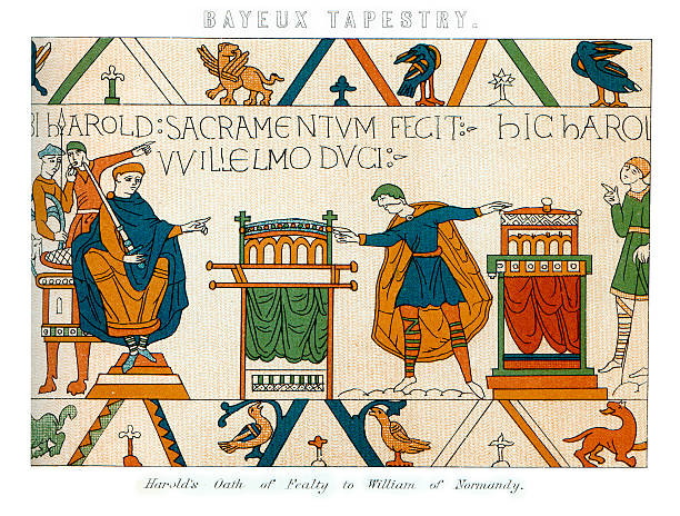 Bayeux Tapestry - Harold's Oath "Vintage engraving showing a detail of the Bayeux Tapestry, Harold's Oath of Fealty to William of Normandy" norman style stock illustrations