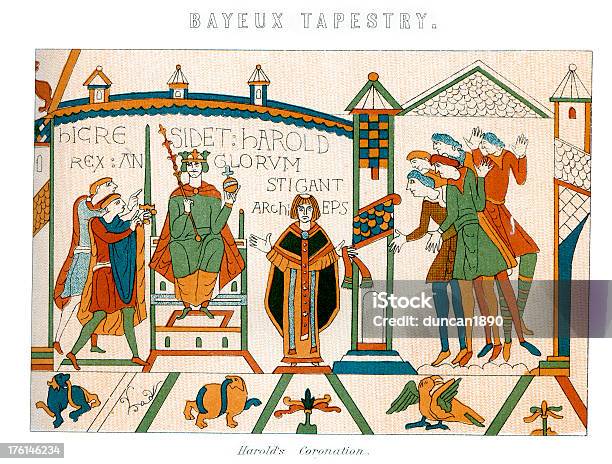 Tkanina Z Bayeuxkoronacja Harold - Stockowe grafiki wektorowe i więcej obrazów Tkanina z Bayeux - Tkanina z Bayeux, Koronacja, Gobelin