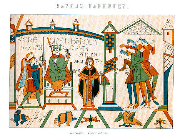 ilustrações, clipart, desenhos animados e ícones de tapeçaria bayeux-coroação do rei harold - crown king illustration and painting engraving