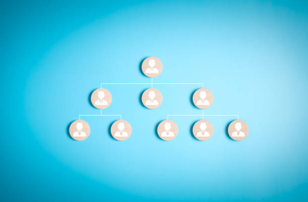 istock Vertical organization chart, or organigram. Wooden blocks with people icons on a blue background. Human resources career path, employees leveling hierarchy table. People team structure tree diagram. 1761462811