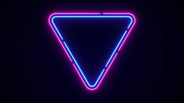 Animation of blue-pink neon triangle frame shape, empty space, ultraviolet light, 80's retro style, fashion show stage, abstract background, illuminate frame design. Abstract cosmic vibrant