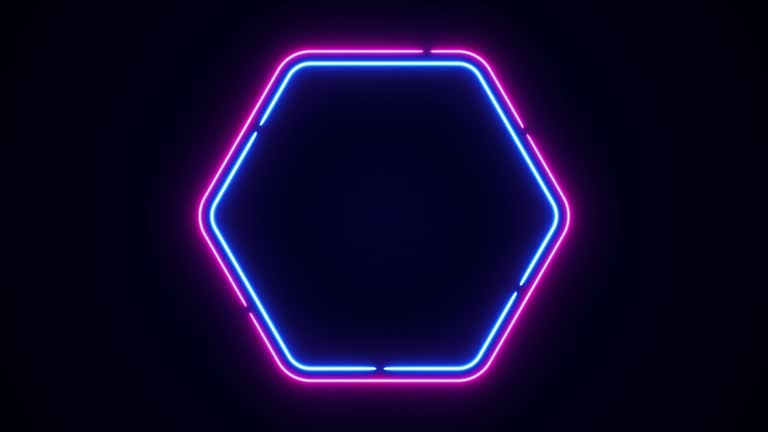 Animation of blue-pink neon hexagon frame shape, empty space, ultraviolet light, 80's retro style, fashion show stage, abstract background, illuminate frame design. Abstract cosmic vibrant