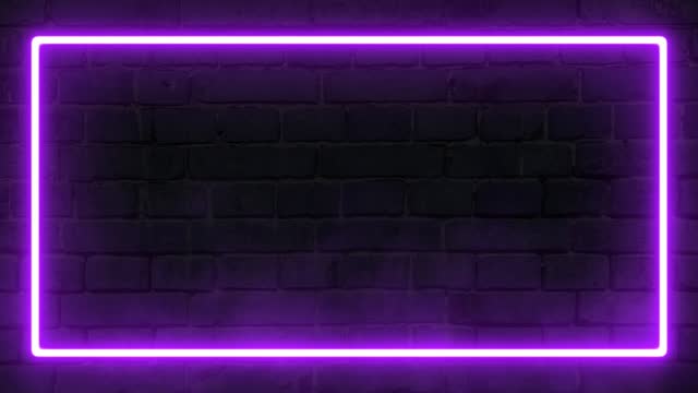 Square neon frame purple color at dark brick wall background. Glowing neon frame in retro 80s - 90s style. Colored neon sign with empty space. Futuristic Sci Fi Modern Neon with smoke or fog clouds