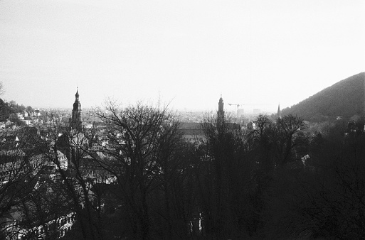 One foggy morning around castle and the town of Heidelberg, Germany