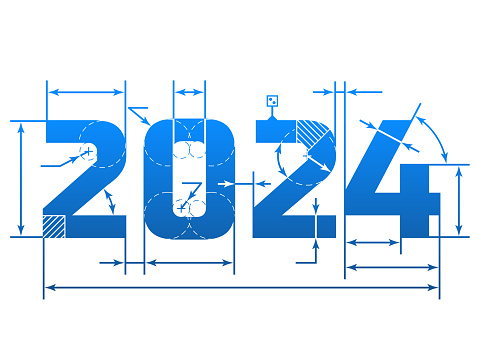 Element of blueprint drawing in shape of 2024 year. Vector design element for new years day, christmas, winter holiday, engineering, new years eve, etc