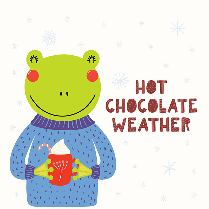 Hand drawn vector illustration of a cute funny frog in sweater, with mug, snow, text Hot chocolate weather. Isolated objects on white background. Scandinavian style flat design. Concept for kids print