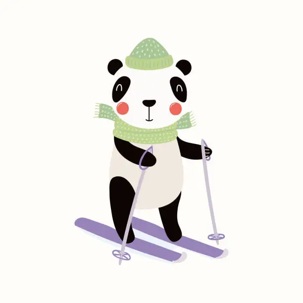 Vector illustration of Cute panda skiing in winter