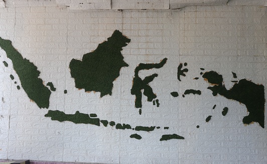 Indonesia map on the wall, made of synthetic grass