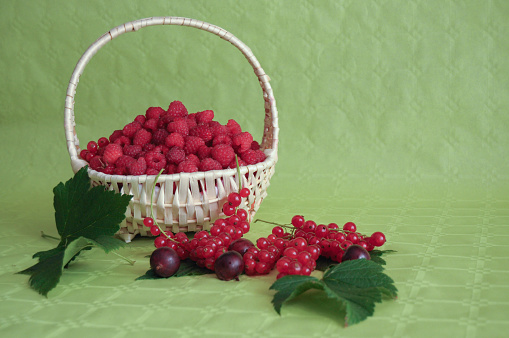 Braided Basket of Strawberries and Red Currants in the Foreground
