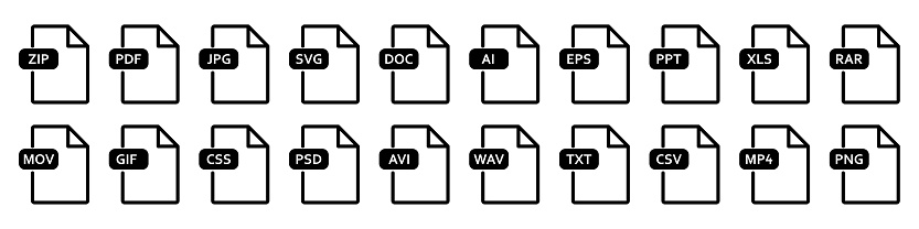 Collection of file formats big icon. File format of document - PDF, DOC, AI, EPS, JPG, PNG, PPT, XLS, MP4, RAR, ZIP, GIF, MOV, SVG, PSD etc. Vector illustration