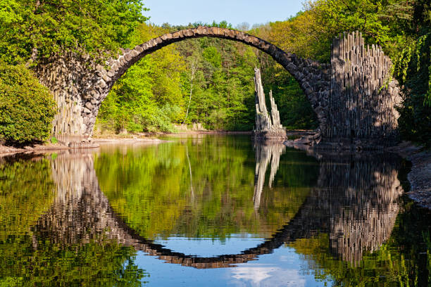 puente del arco (rakotzbrucke, puente del diablo) en kromlau, alemania, con reflejos en aguas tranquilas - forest pond landscaped water fotografías e imágenes de stock