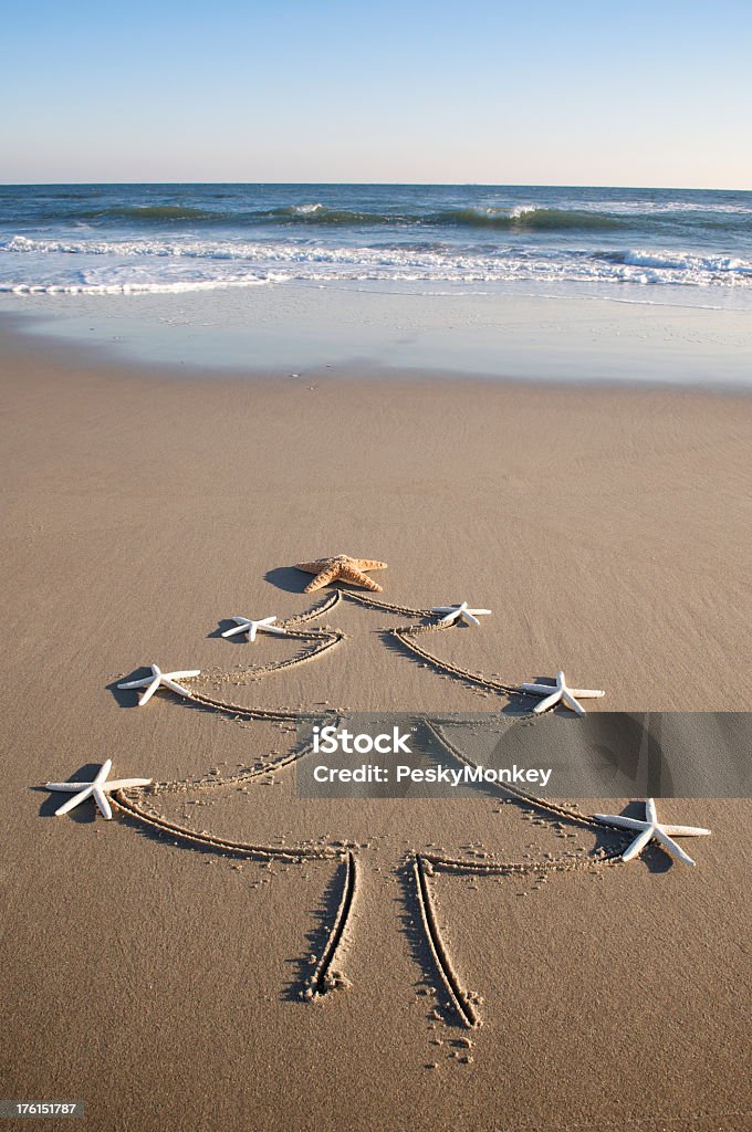 Simple Holiday Christmas Tree Drawing Empty Beach Simple hand-drawn holiday Christmas tree decorated with starfish on an empty beach Art And Craft Stock Photo