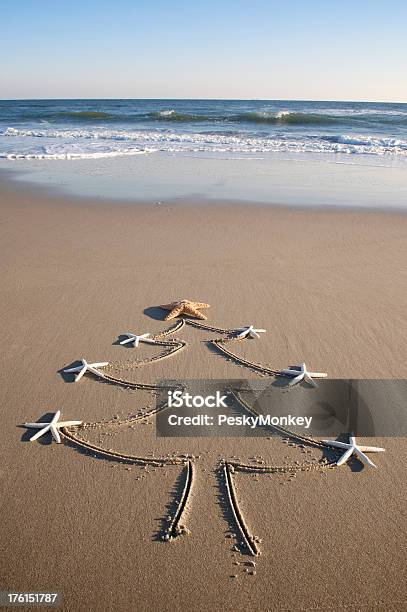 Simple Holiday Christmas Tree Drawing Empty Beach Stock Photo - Download Image Now - Art And Craft, Beach, Celebration Event