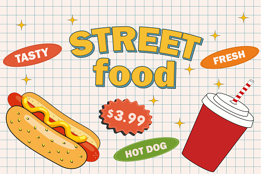 istock Retro cartoon funny fast food character posters. Vintage street food hot dog mascot vector illustration for cafeteria, restaraunt, cafe. 1761519875