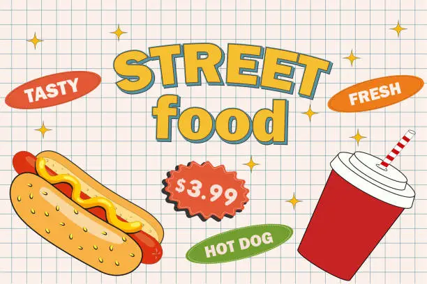 Vector illustration of Retro cartoon funny fast food character posters. Vintage street food hot dog mascot vector illustration for cafeteria, restaraunt, cafe.