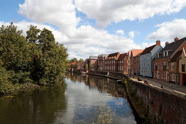 River Wensum from Fye Bridge, Norwich The River Wensum and Quayside seen from Fye Bridge in the ancient city of Norwich, Norfolk. east anglia stock pictures, royalty-free photos & images