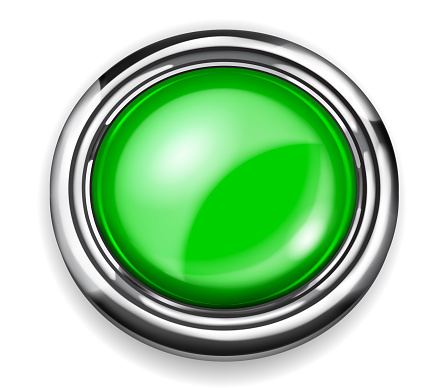 Realistic big green plastic button with shiny metallic border on white background