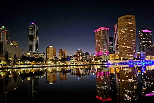 Downtown Tampa, FL seen just before dawn on a clear autumn morning.
